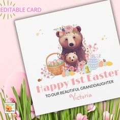 a happy 1st easter card with an image of a bear and her baby