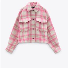 New With Tags! Tweed Blazer Women, Pink Plaid Shirt, Pink Flannel, Zara Jacket, Houndstooth Jacket, Pink Jacket, Plaid Flannel Shirt, Plaid Jacket, Zara Jackets