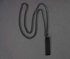 "D E T A I L S - Black Bar Pendant, 1 5/8\" wide x 3/8\" long 1 7/8\" long including the jump ring Made from solid Brass with Black Plating C H A I N - Medium weight Gunmetal Curb chain, links are 3mm wide Nice, Solid Feel Made from soldered steel, Very fluid movement of the links Gunmetal plating with Lobster clasp closure VARIATION AVAILABLE - For the same Black Bar Pendant on an Antique Brass Curb Chain: https://www.etsy.com/listing/735934746/bar-necklace-black-bar-pendant-on-black?ref=shop_h Black Necklace With Adjustable Chain And Rectangular Pendant, Black Rectangular Chain Necklace, Black Rectangular Chain Necklace With Adjustable Chain, Black Necklaces With Box Chain And Rectangular Pendant, Black Box Chain Necklace With Rectangular Pendant, Black Rectangular Pendant Necklace With Box Chain, Minimalist Black Necklace With Box Chain, Black Necklace With Rectangular Pendant For Everyday, Black Rectangular Pendant Necklace For Everyday