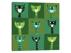 a green and black painting with cats on it's sides, all in different colors