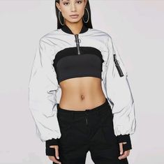 Glo Jacket. High In The Front, Lower In The Back Silver Winter Outerwear For Streetwear, Trendy Silver Long Sleeve Outerwear, Metallic Long Sleeve Outerwear For Streetwear, Silver Long Sleeve Outerwear For Spring, Sporty Silver Long Sleeve Outerwear, Trendy Silver Outerwear For Fall, Silver Long Sleeve Outerwear For Fall, Casual Silver Outerwear For Fall, Silver Casual Spring Outerwear