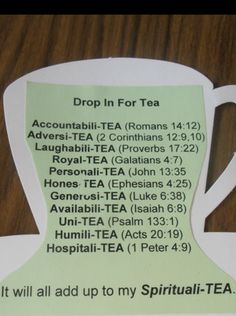 a tea cup with instructions on it sitting on a table