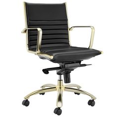 a black office chair with gold trimmings on the armrest and casteors