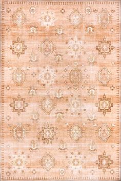 an orange and beige rug with many different designs