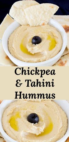 hummus with olives and pita chips on the side