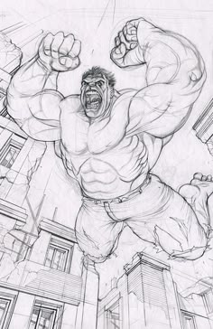 a drawing of the incredible hulk in front of a cityscape with buildings and skyscrapers