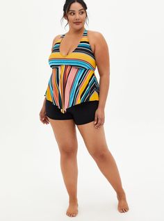 A cute, effortless wireless tankini so you can sun in comfort and style. Matching style(s): Search 10448329 Lightly lined, wireless cups. Modesty padding . V-neck. Adjustable multiway straps. Mesh lining. 30+ UPF sun protection. CONTENT + CARE Nylon/spandex. Wash cold; line dry. Imported plus size swimwear. SIZE + FIT Fits most bust sizes. Please refer to the Size Fit & Guide chart for the perfect fit. The best plus size women's wireless v-neck tankini tops in multi stripe made of nylonspan. You Multicolor Tankini With Built-in Bra For Swimming, Multicolor Tankini With Built-in Bra For Beach, Racerback Tankini With Built-in Bra For Beach, Multicolor Halter Neck Tankini For Swimming, Multicolor Halter Neck Tankini For Sunbathing, Multicolor Halter Neck Tankini For Beachwear, Multicolor V-neck Tankini For Pool, Multicolor V-neck Tankini For Swimming, Multicolor Stretch Tankini For Pool