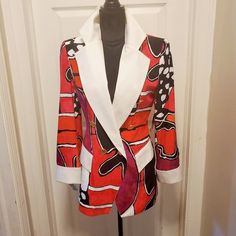 Beautiful Bright Multicolor Blazer Colors: Pink, Orange, Black And White Striking Patterns Crisp, White Cuffs And Collar Gold Butto Closure Dry Clean Only Nwt Measures Approximately 17" Pit-To-Pit 29" Long Tags: Dina Bar El, Women's Blazer, Multicolor, Multiprint Blazer Colors, Red Blazer Dress, Khaki Blazer, Peplum Blazer, Black Wool Blazer, Chic Blazer, Polyester Jacket, Red Blazer, Vintage Blazer