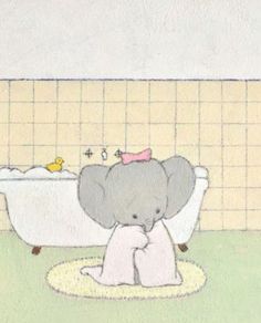 an elephant sitting on the ground in front of a bathtub with a rubber duck