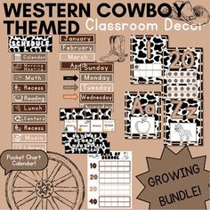 the western cowboy themed classroom decor bundle is shown in black and white, with brown accents