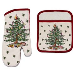 two oven mitts with christmas tree designs on them, one is white and the other has red trimmings