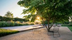 two chairs sitting on top of a gravel field next to a tree and water fountain