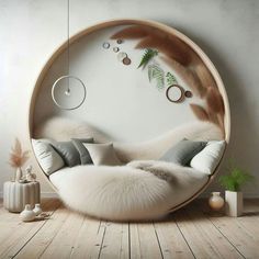 a circular bed with fur on it in a room