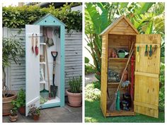 two pictures side by side one has a garden shed and the other has gardening tools in it