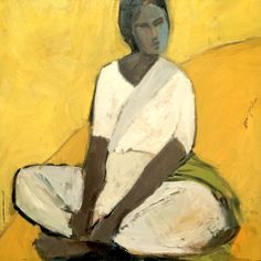 a painting of a woman sitting on a yellow couch