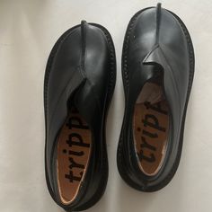 Very High Fashion Black Leather Shoes By Trippen Brand New Leather Lined Gum Sole Size 35 Black Slip-on Loafers With Vibram Sole, Black Leather Shoes With Vibram Sole And Flat Heel, Black Leather Shoes With Vibram Sole, Black Slip-on Leather Shoes With Vibram Sole, Closed Toe Leather Shoes With Vibram Sole, Black Leather Shoes, Fashion Black, Leather Shoes, Black Fashion