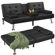 two black leather couches one with a green throw blanket and the other has a bottle on it