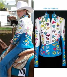 white and malibu blue lambskin jacket trimmed with 8 different leathers! Click to view close-up. Horsemanship Shirt, Showmanship Jacket, Malibu Blue, Lambskin Jacket, Western Shirts, Show Horses, Western Wear