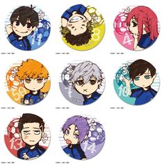 six anime character buttons with different colors