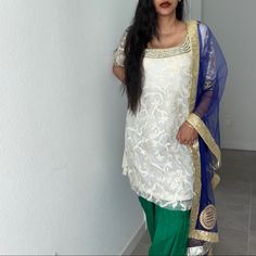 New! Comes With Three Pieces: Salwar (Pants), Kameez (Long Shirt), And Dupatta/Chunni (Scarf). Model: @Muneezy4 Size: Small Measurements: Shirt: 19” Pit To Pit, 37” Length Pants: 41” Length Use The “Buy Now” Or “Add To Bundle” Button To Purchase White Palazzo Set With Pallu For Eid, White Salwar Kameez For Eid Celebration, White Bollywood Salwar Kameez For Celebration, Unstitched White Salwar Kameez For Celebration, White Straight Kurta Salwar Kameez For Celebration, White Semi-stitched Sets For Celebration, Bollywood Style White Sets For Celebration, White Bollywood Sets For Celebration, White Bollywood Style Celebration Sets