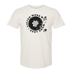 Listen more Work less | Apparel for Music Lovers | by The Social Dept. White Music-themed T-shirt With Text Print, White Soft-washed Band Merch T-shirt, Soft-washed White Band Merch T-shirt, White Relaxed Fit Music-themed T-shirt, Music Fabric, How To Stop Cravings, Merch Design, Listen To Music, Fabric Details