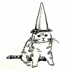 a black and white drawing of a cat wearing a hat