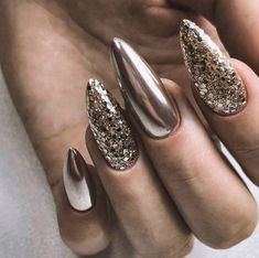 Almond Nail Art, New Years Nail Designs, New Years Eve Nails, Glitter Nails Acrylic, Nails Ombre, Ombre Glitter, Almond Nails Designs, Almond Nail, Her Nails