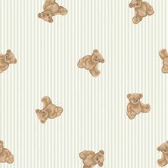 a brown teddy bear sitting on top of a striped wallpaper pattern with smaller bears in the background