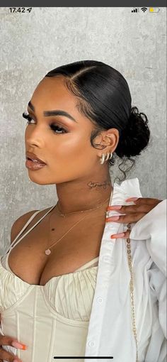 Edges Low Ponytail, Sleek Bun Ponytail, Natural Hair Sleek Bun, Side Part Bun With Edges, Slicked Back Bun Curly Hair, Curly Hair Pulled Back Styles, Sleek Bun Natural Hair, Sleek Curly Bun, Slick Back Bun Hairstyles