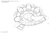 a drawing of a circular building with lots of windows and trees in the ground plan