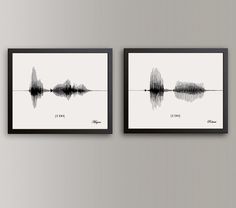 two black and white art prints with sound waves