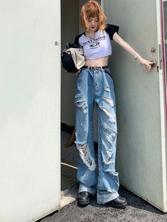 Wear this with a cute cropped top. Perfect for casual mall dates Wide leg Makes you look taller. Hip Hop High Rise Denim Blue Bottoms, Edgy High-rise Denim Blue Pants, High Waist Ripped Washed Blue Bottoms, Blue Ripped Denim Pants, Grunge Ripped Denim Blue Pants, Suspender Jeans, Ripped Knee Jeans, Denim Jumper, Blue Ripped Jeans