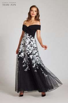 Jacquard One Shoulder Side Ruffle Gown | Teri Jon – Terijon.com Floral Embroidered Gown, Mother Of The Groom Gowns, Mother Of Bride Outfits, Ruffle Gown, Mob Dresses, White Floral Dress, Black Gown, Off The Shoulder Dress, Mom Dress