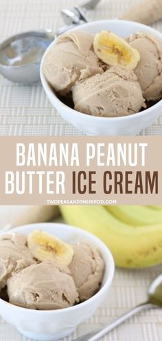 banana peanut butter ice cream in two bowls with spoons next to it and bananas on the side