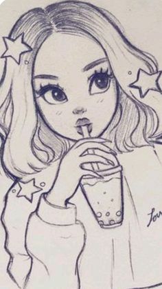 a drawing of a girl holding a drink in her hand with stars around her neck