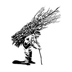 a black and white drawing of a man carrying branches