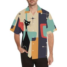 Step into the 1950s in style with the Mid Century Modern Man Atomic Retro Hawaiin Party Shirt! This Hawaiian-inspired shirt's eye-catching designs are perfect for a beachside getaway or a night 'round the boom box. Don't miss out on your chance to look dapper and hip – extra swoo!on points included. 95% Polyester, 5% Spandex, for men 7.23 Oz. stylish for fashion men. Made from 95% polyester and 5% spandex, lightweight and comfortable. Regular fit with short sleeves, perfect top for summer wearin Retro Collared Hawaiian Shirt With Relaxed Fit, Retro Relaxed Fit Collared Hawaiian Shirt, Retro Collared Hawaiian Shirt With Graphic Print, Retro Graphic Print Collared Hawaiian Shirt, Retro Fitted Hawaiian Shirt With Graphic Print, Fitted Retro Hawaiian Shirt With Graphic Print, Retro Collared Hawaiian Shirt, Party Shirts Men, Tiki Man