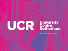 a woman is smiling in front of a purple and pink background with the ucr logo