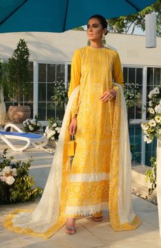 Latest Yellow Salwar Kameez Dupatta Pakistani Eid Dress Elegant Jamawar Lawn Suit For Wedding, Elegant Jamawar Wedding Dresses, Eid Wedding Traditional Drape Lawn Suit, Naqshi Lawn Suit For Wedding And Festivals, Elegant Georgette Dresses For Traditional Ceremonies, Wedding Lawn Suit With Dabka On Jamawar, Naqshi Wedding Dress For Diwali, Wedding Lawn Suit With Naqshi For Festivals, Wedding Dress With Naqshi For Diwali