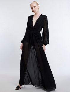 Black Nevaeh Long Sleeve Gown | Dresses | BCBGMAXAZRIA Sheer Maxi Skirt, Sleeve Gown, Chiffon Overlay, Long Sleeve Gown, Surplice Neckline, Pleated Bodice, Black Gown, Sheer Chiffon, Scalloped Lace