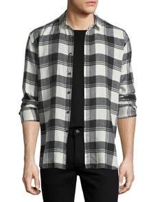 SAINT LAURENT Plaid Cotton Flannel Shirt, White/Black. #saintlaurent #cloth # Navy Wool Coat, Black And White Flannel, White Flannel, Broad Shoulders, Grey Tee, Leather Conditioner, Grunge Style, Soft Flannel, Cotton Flannel