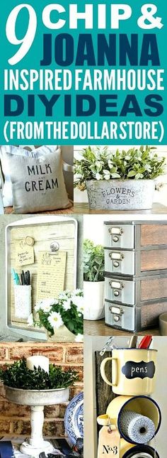 there are many different items on display in this collage with the words 9 cheap and inspired farmhouse diy ideas from the dollar store