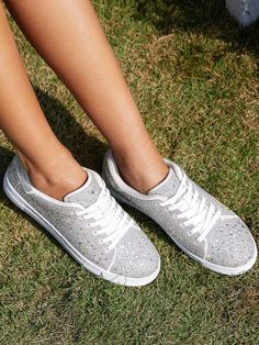 Sparkle Rhinestone Sneakers - White studded inspired women's glitter sneakers featuring shimmering fabric and rhinestones. Dazzling gemstones rhinestones, sequins and glitter create a bold look and add some sparkle and glamor to your outfit.

Versatile and Comfortable - Sparkly bling sneaker with a flat sole and soft insole for stability, support and a comfortable walking experience. Even after partying at a concert all day long, your feet won't feel sore. Experience all-day comfort without sacr Spring Bling Sneakers With Round Toe, Party Sneakers With Bling And Round Toe, Glamorous Rhinestone Sneakers With Round Toe, Glamorous Embellished Lace-up Sneakers, Glamorous Sneakers With Bling And Round Toe, Glamorous Bling Sneakers With Round Toe, Embellished Lace-up Sneakers, Party Sneakers With Rhinestones And Round Toe, Party Sneakers With Rhinestone Rivets And Round Toe