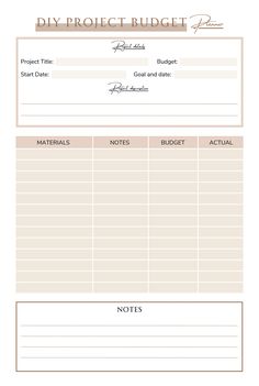 a printable project budget sheet is shown in brown and beige colors, with the words'project budget list'on it