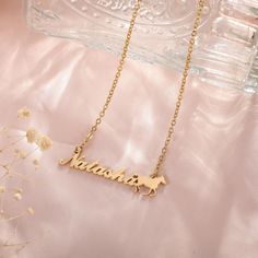 "* Material: High Quality Solid 925 Sterling Silver or Stainless Steel * Chain Length: 16\",18\",20\",22\",24\" * Finish: Sterling Silver ∙ 18K Gold ∙ Rose Gold * All our jewelry is custom made by hand with Love and Care in our workshop ♡ H O W ∙ T O ∙ O R D E R * Simply use the 'PERSONALIZATION BOX' to let us know the NAME and the FONT NUMBER that you would like. Each name max 10 characters. NAME + FONT NUMBER ♡ O T H E R ∙ I N F O R M A T I O N * This  name necklace is made from 925 sterling silver or stainless steel and then plated with 18k gold to ensure it doesn't fade like other cheap necklaces. * All our jewelry is custom made high quality and care in our workshop. *The engraved horse necklace is a gorgeous piece for horse lovers to have custom made with their name or perhaps even t Custom Name Adjustable Pendant Necklace, Customized Pendant Necklace For Birthday, Customizable Pendant Necklaces For Valentine's Day, Custom Pendant Necklace For Valentine's Day, Customized Pendant Necklace For Valentine's Day, Customizable Pendant Necklace For Valentine's Day, Custom Name Necklace Adjustable As A Gift, Personalized Pendant Necklaces For Jewelry Making, Custom Name Adjustable Necklace Gift