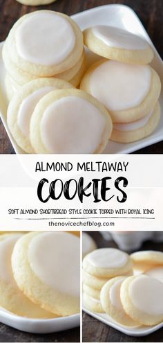 almond meltaway cookies with royal icing on a white plate