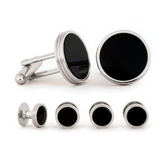 A SLEEK & CLASSY TOUCH Dress to impress in the workplace and beyond. Looking the part makes all the difference and that means having the right accessories for your business or formal attire. Cufflinks and matching studs are a classic choice to elevate your office look from shabby to savvy. This set in particular features silver-tone concentric onyx cufflinks and studs. It is a bold and handsome choice. For such minor accessories, it has a major impact on your professional style. [split] Made wit Luxury Silver Suit And Tie Accessories For Business, Elegant Cufflinks For Business, Luxury Black Jewelry For Office, Luxury Black Office Jewelry, Classic Polished Cufflinks For Formal Wear, Classic Polished Cufflinks For Formal Occasions, Classic Polished Jewelry For Work, Classic Office Cuff Jewelry, Classic Polished Jewelry For Workwear