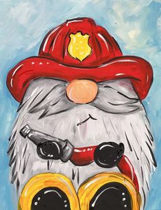 an acrylic painting of a fireman gnome with glasses and a red hat