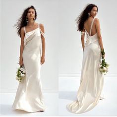 two pictures of a woman in a white dress and one is wearing a wedding gown