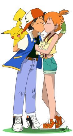 an image of two people kissing each other with pokemon pikachu on their shoulders